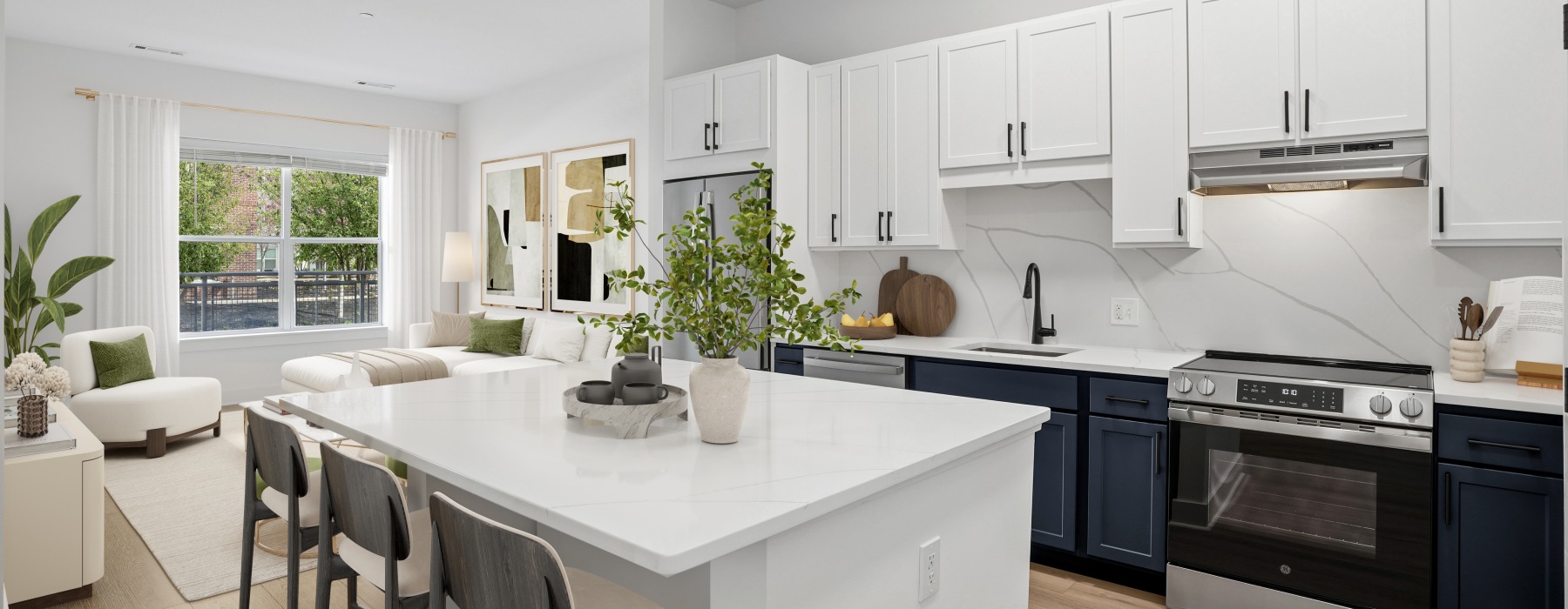 A newly renovated apartment kitchen and living room at Atmark 