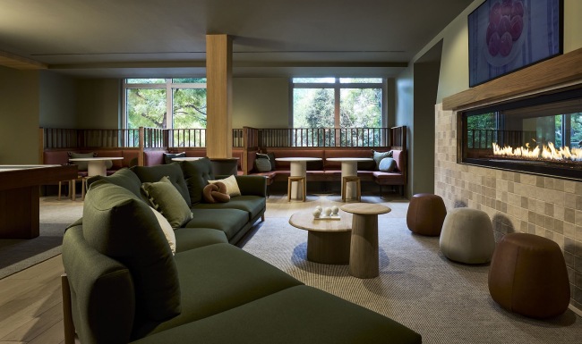 a sitting area with a fire place