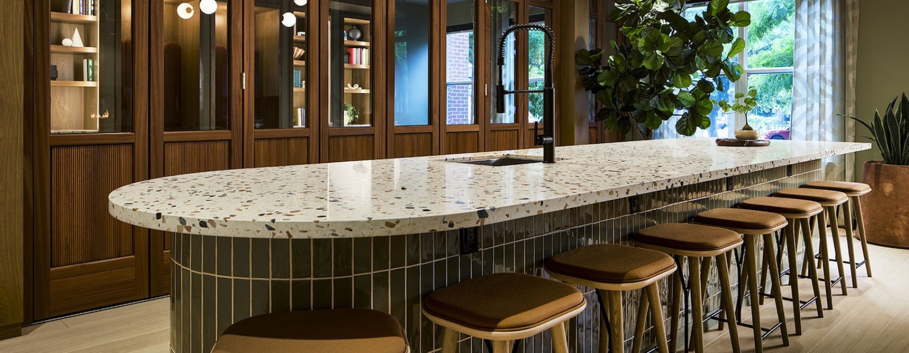 a large island with stools